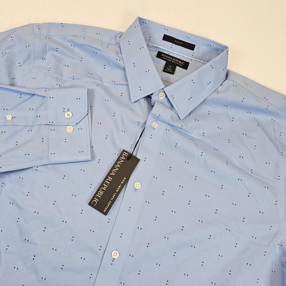 Banana Republic Mens XL Slim Fit Non Iron Cotton Dress Shirt Blue Geometric